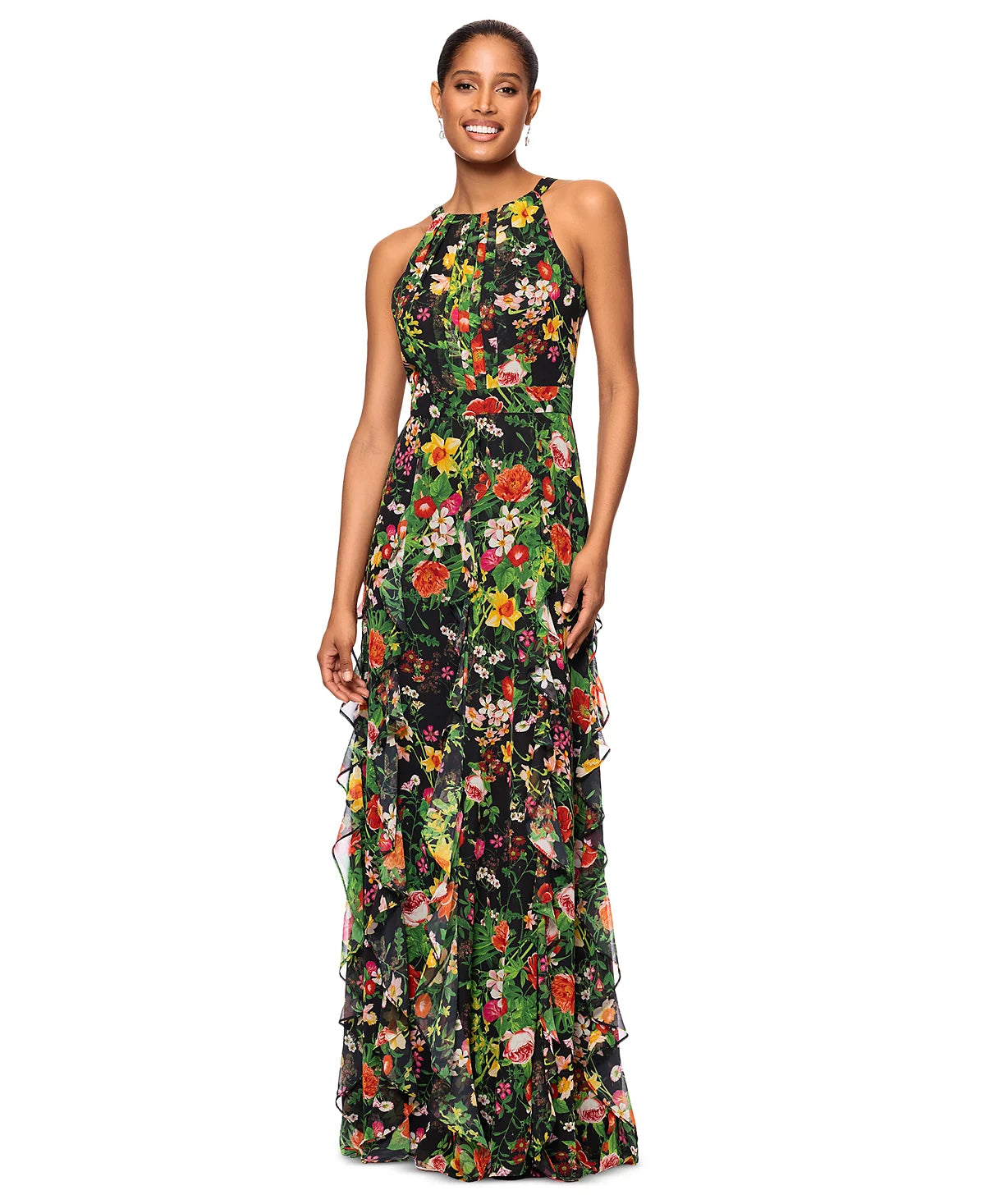 Betsy & Adam Women's Multicolor Petite Printed Ruffled Halter-Neck Gown Dress | Betsy & Adam In Lebanon