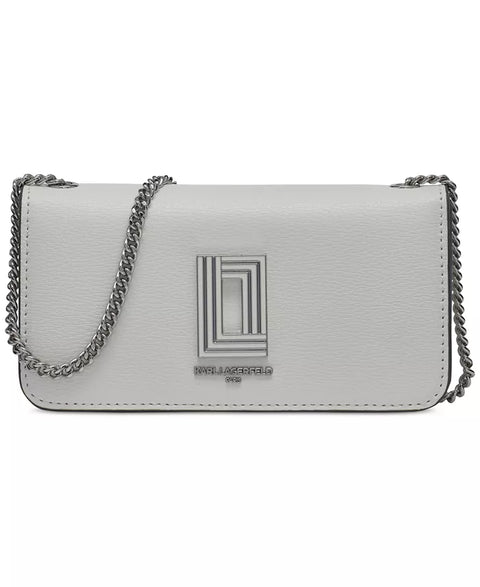 Gray handbag with a chain detail on a white background