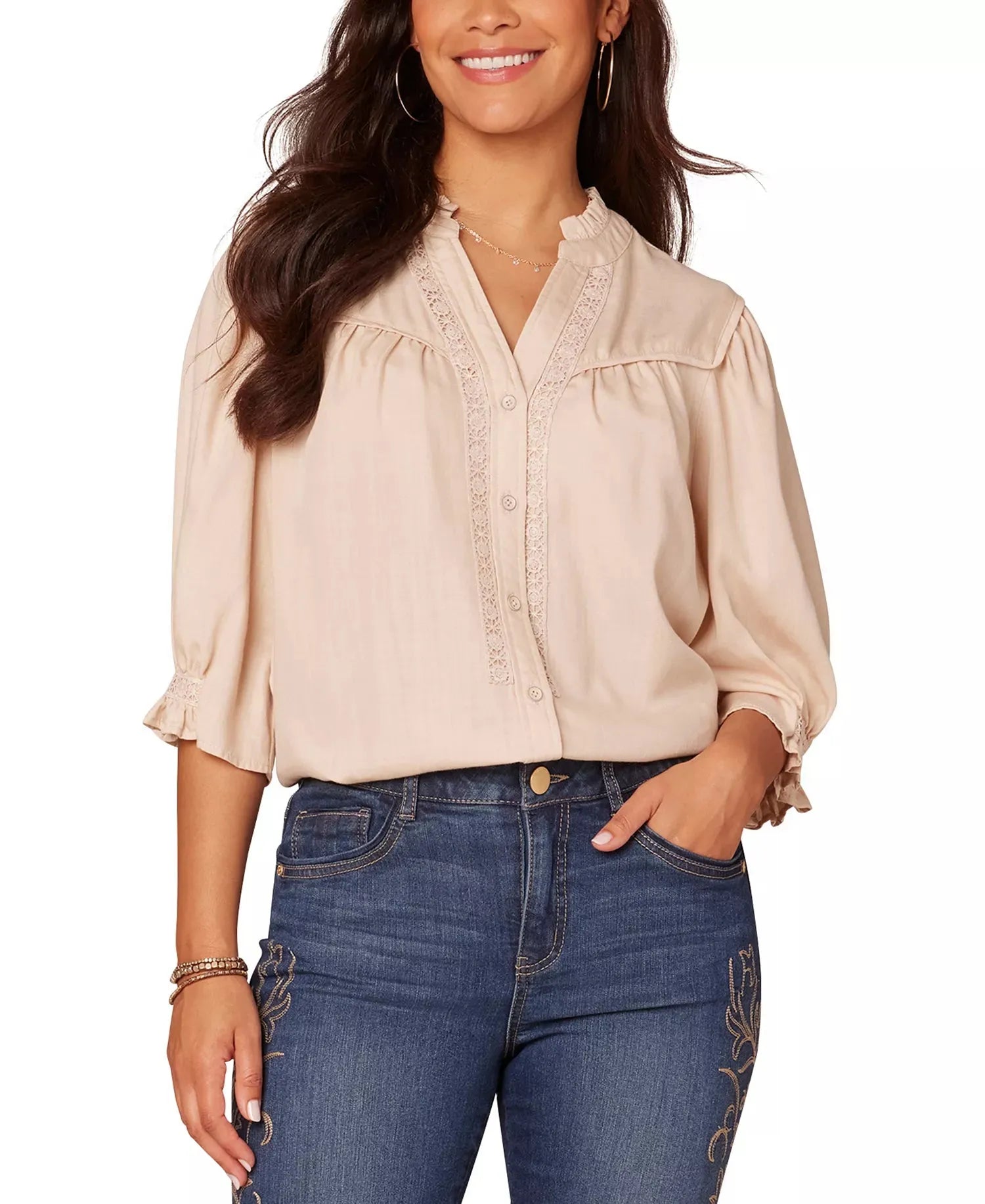 Democracy Women's Beige Crochet Trim Button-Front Ruffle Shirt | Democracy In Lebanon