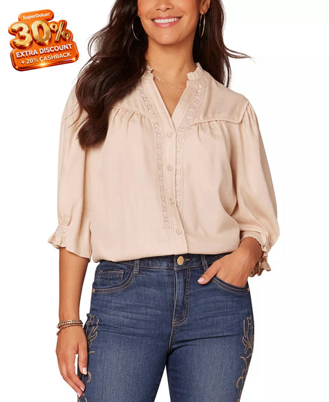 Democracy Women's Beige Crochet Trim Button-Front Ruffle Shirt | Democracy In Lebanon