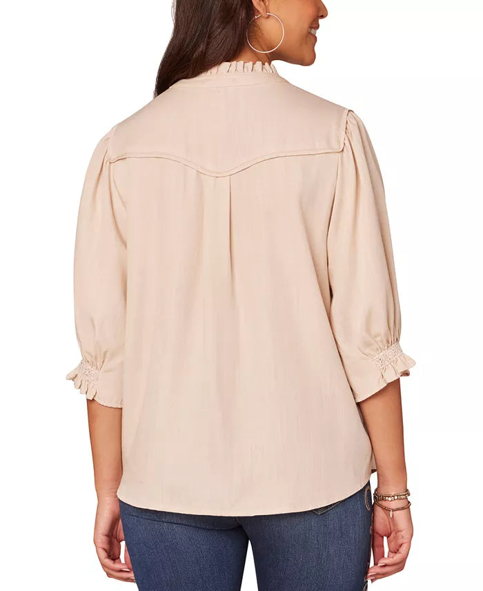 Democracy Women's Beige Crochet Trim Button-Front Ruffle Shirt | Democracy In Lebanon