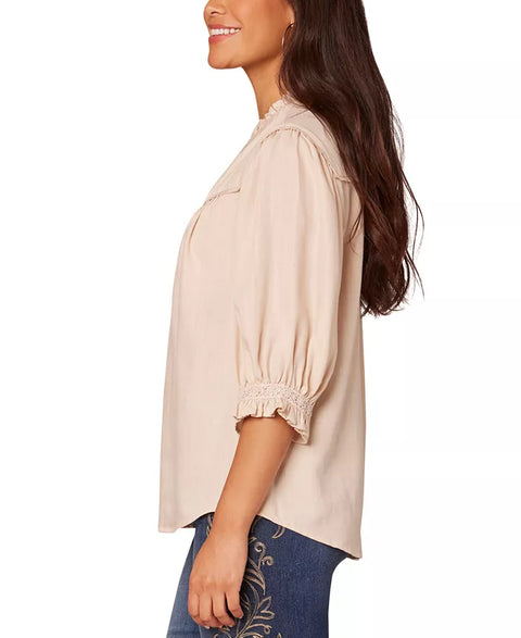 Democracy Women's Beige Crochet Trim Button-Front Ruffle Shirt | Democracy In Lebanon