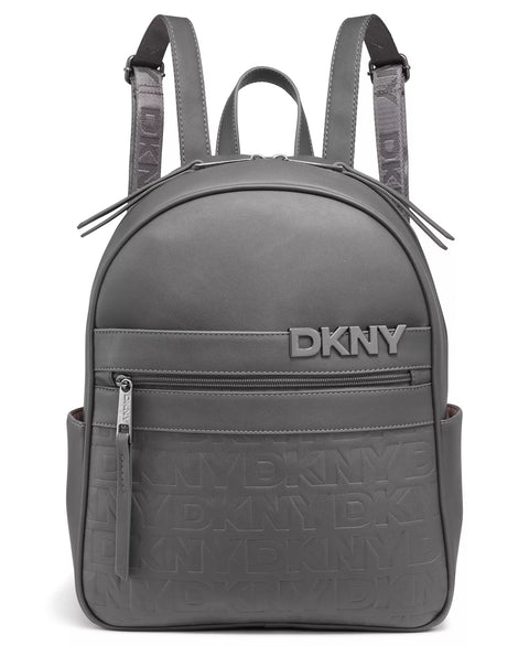 Gray backpack with DKNY branding on a white background