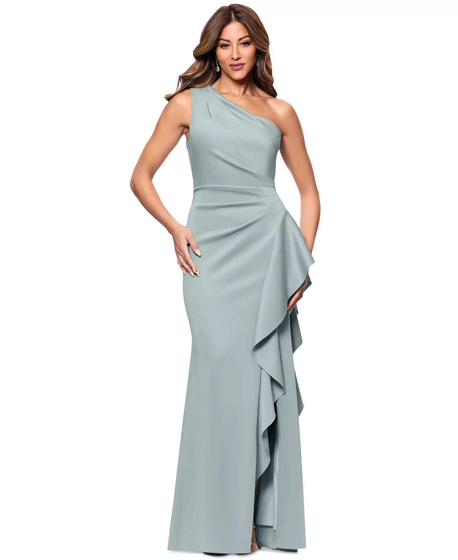 Xscape Women's Sage Green Petite Gathered-Waist One-Shoulder Evening Gown Dress|Xscape In Lebanon