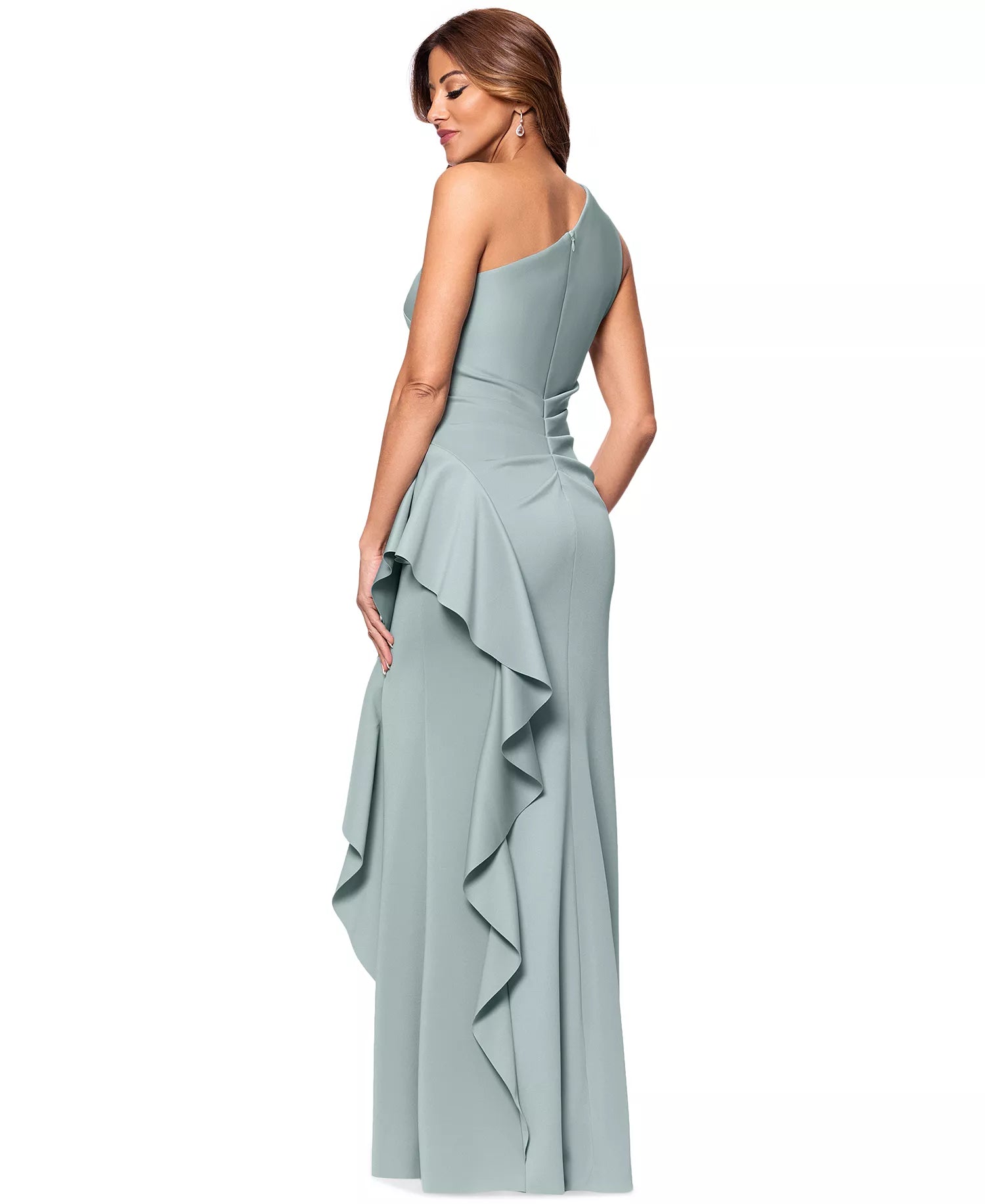 Xscape Women's Sage Green Petite Gathered-Waist One-Shoulder Evening Gown Dress|Xscape In Lebanon