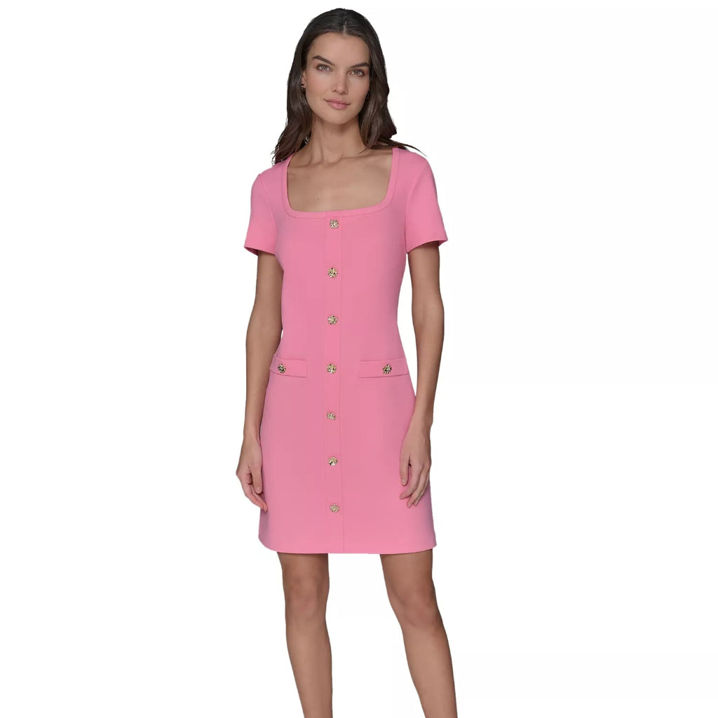 Karl Lagerfeld Women's Pink Flower-Button Square-Neck Sheath Dress