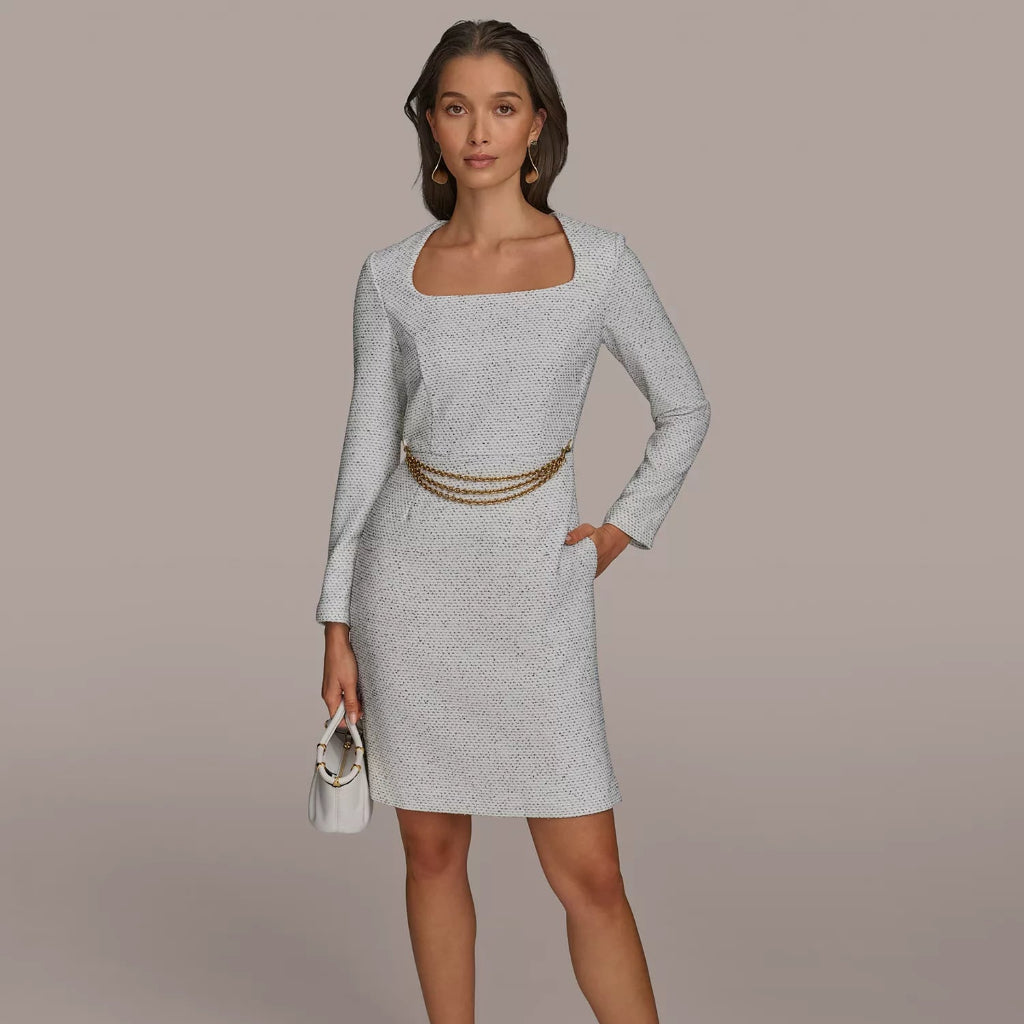 Donna Karan Women's White & Black Square-Neck Chain-Trim Dress