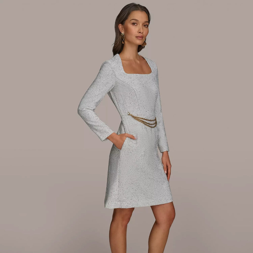 Donna Karan Women's White & Black Square-Neck Chain-Trim Dress
