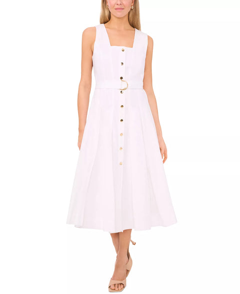 MSK Women's White Petit Cotton Square-Neck Belted Sleeveless Midi Dress|MSK In Lebanon