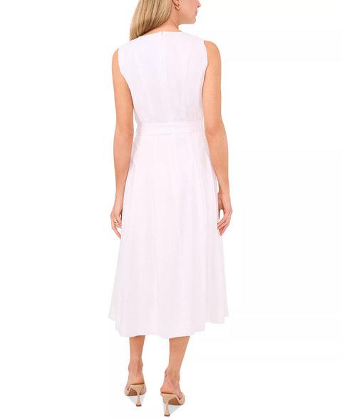 MSK Women's White Petit Cotton Square-Neck Belted Sleeveless Midi Dress|MSK In Lebanon