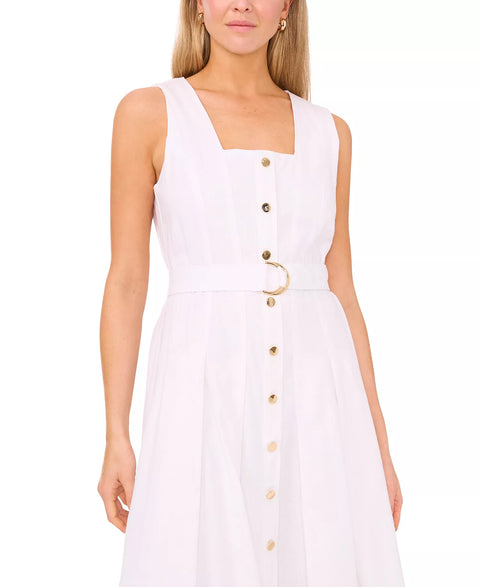 MSK Women's White Petit Cotton Square-Neck Belted Sleeveless Midi Dress|MSK In Lebanon