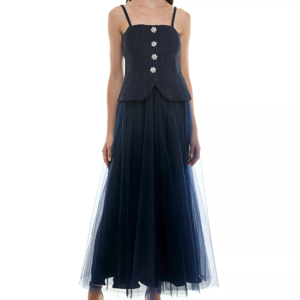Taylor Women's Navy Mixed-Media Embellished-Button Gown Dress