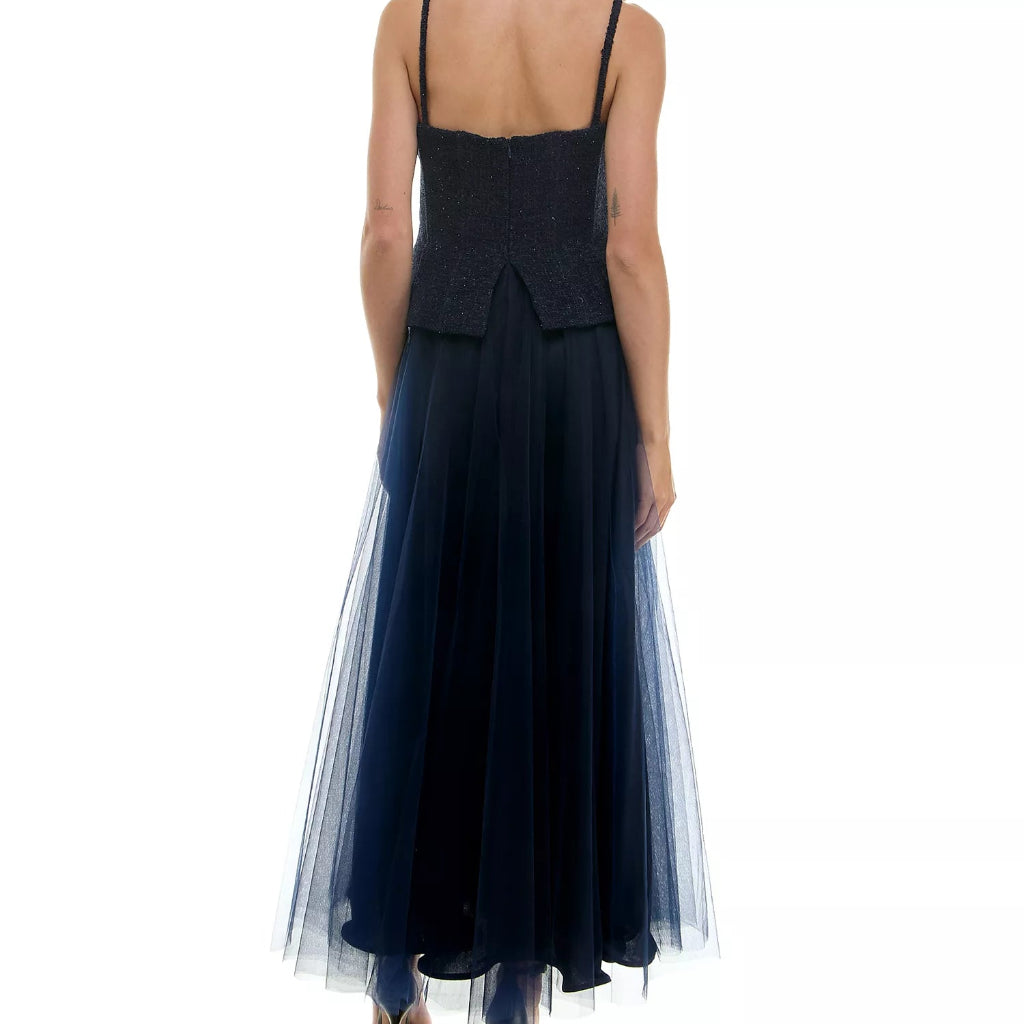 Taylor Women's Navy Mixed-Media Embellished-Button Gown Dress