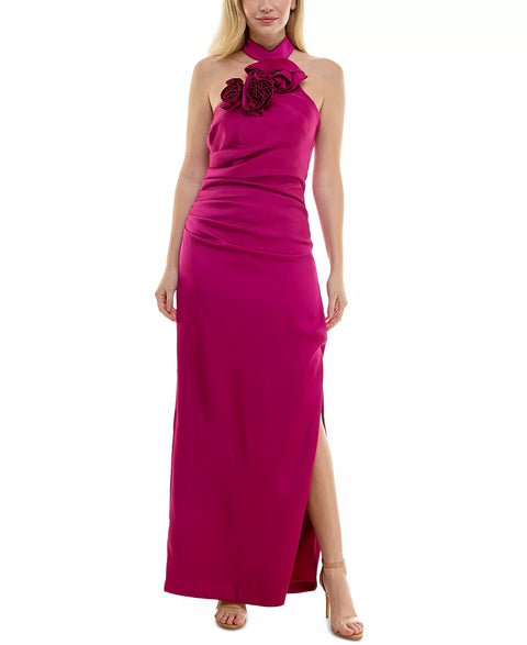 Taylor Women's Purple Rosette-Trim Halter Ruched Side-Slit Gown|Taylor In Lebanon