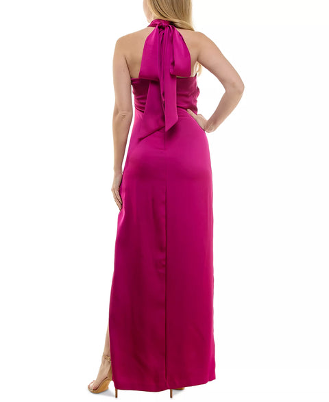 Taylor Women's Purple Rosette-Trim Halter Ruched Side-Slit Gown|Taylor In Lebanon
