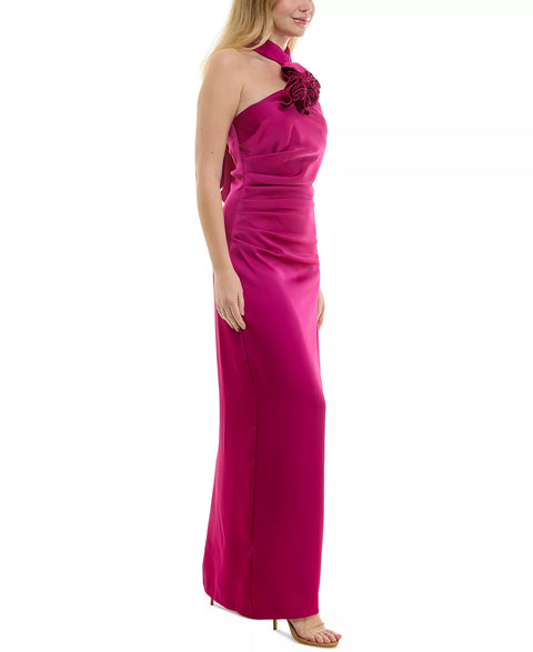 Taylor Women's Purple Rosette-Trim Halter Ruched Side-Slit Gown|Taylor In Lebanon