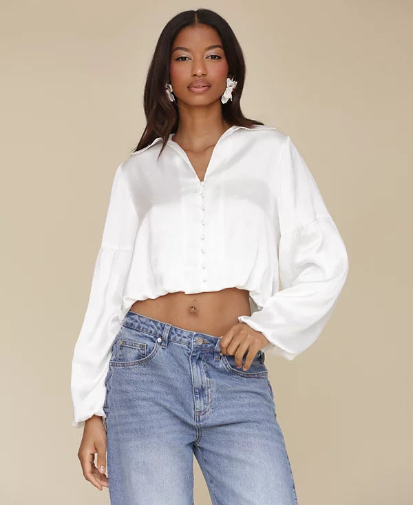Avec Les Filles Women's White Cropped Bubble-Sleeve Shirt | Avec Les Filles In Lebanon