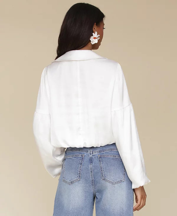 Avec Les Filles Women's White Cropped Bubble-Sleeve Shirt | Avec Les Filles In Lebanon