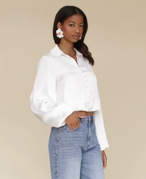 Avec Les Filles Women's White Cropped Bubble-Sleeve Shirt | Avec Les Filles In Lebanon