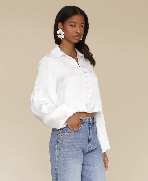 Avec Les Filles Women's White Cropped Bubble-Sleeve Shirt | Avec Les Filles In Lebanon
