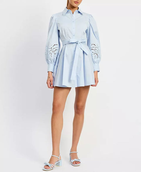 En Saison Women's Light Blue Abigal Eyelet-Trim Mini Shirtdress |En Saison In Lebanon