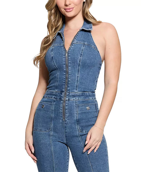 GUESS Women's Blue Mia Denim Halter Jumpsuit | GUESS In Lebanon