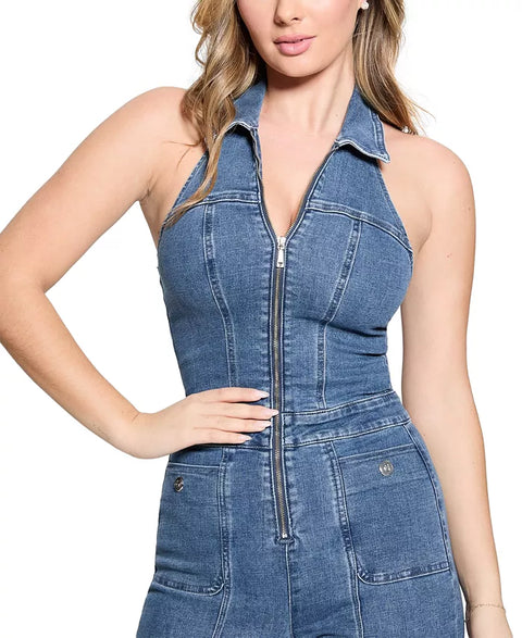 GUESS Women's Blue Mia Denim Halter Jumpsuit | GUESS In Lebanon