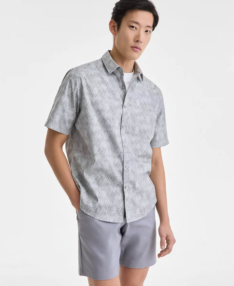 Alfani Men's Grey Fog Tomo Short Sleeve Geo Print Button-Front Shirt | Alfani In Lebanon