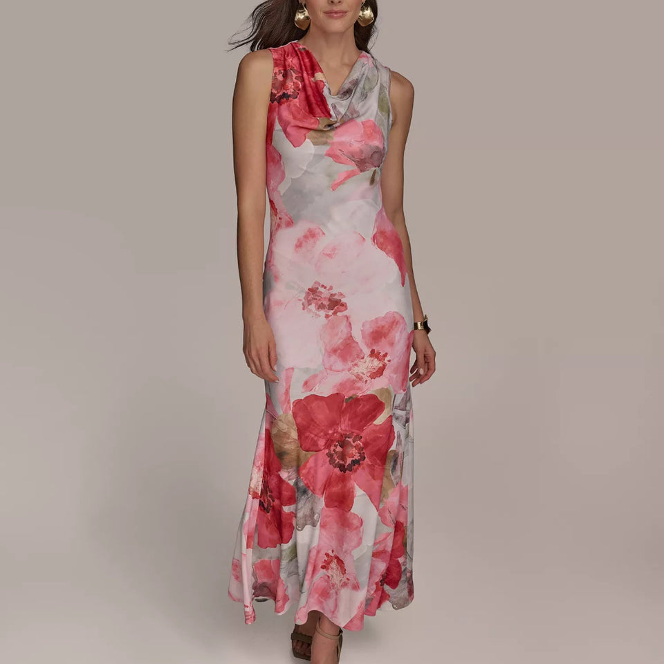 Donna Karan Women's Multicolor Lined Floral Cowl-Neck Gown Dress