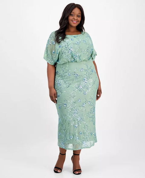 SLNY Women's Sage Green Plus Size Round-Neck Blouson Sequin Dress | SLNY In Lebanon