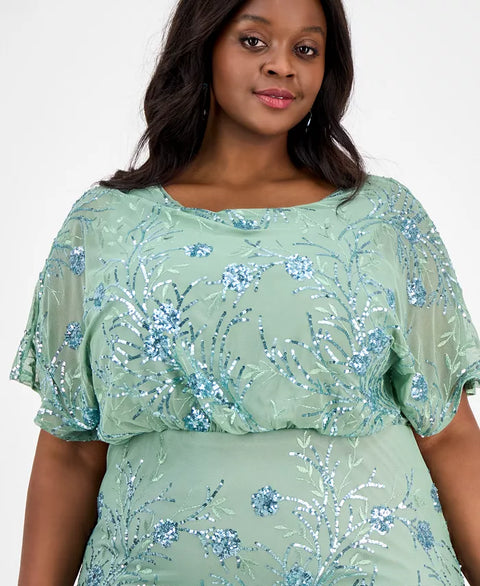 SLNY Women's Sage Green Plus Size Round-Neck Blouson Sequin Dress | SLNY In Lebanon