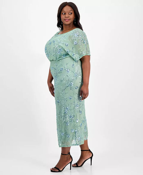 SLNY Women's Sage Green Plus Size Round-Neck Blouson Sequin Dress | SLNY In Lebanon
