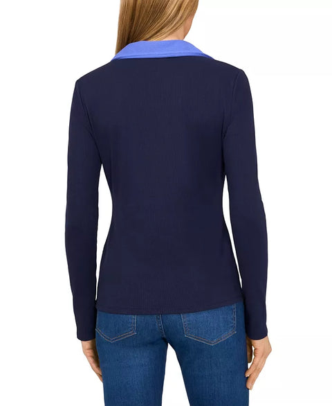 CeCe Women's Navy Johnny-Collar Long-Sleeve Ribbed-Knit Blouse | CeCe In Lebanon