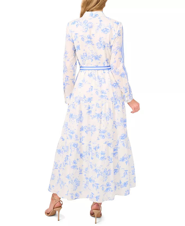 Cece Women's White & Blue Floral Long Sleeve Belted Shirt Dress |Cece In Lebanon
