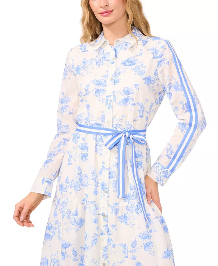 Cece Women's White & Blue Floral Long Sleeve Belted Shirt Dress |Cece In Lebanon