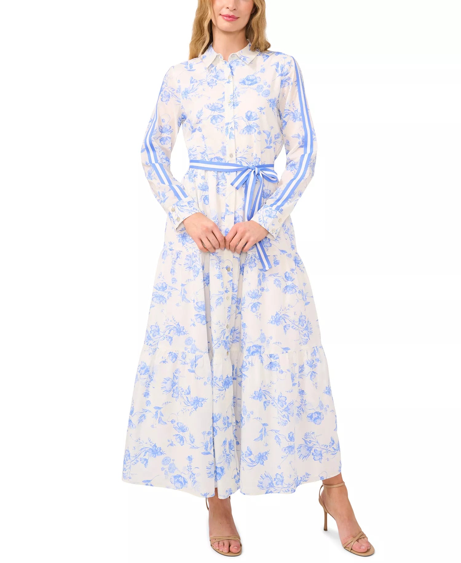 Cece Women's White & Blue Floral Long Sleeve Belted Shirt Dress |Cece In Lebanon