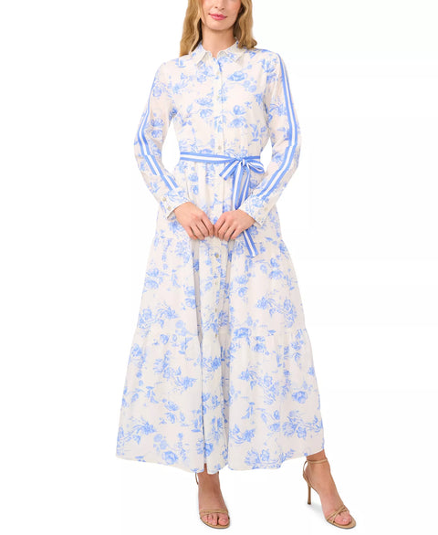 Cece Women's White & Blue Floral Long Sleeve Belted Shirt Dress |Cece In Lebanon