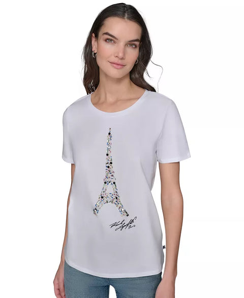 Karl Lagerfeld Paris Women's White Graphic Crewneck T-Shirt | Karl Lagerfeld Paris In Lebanon