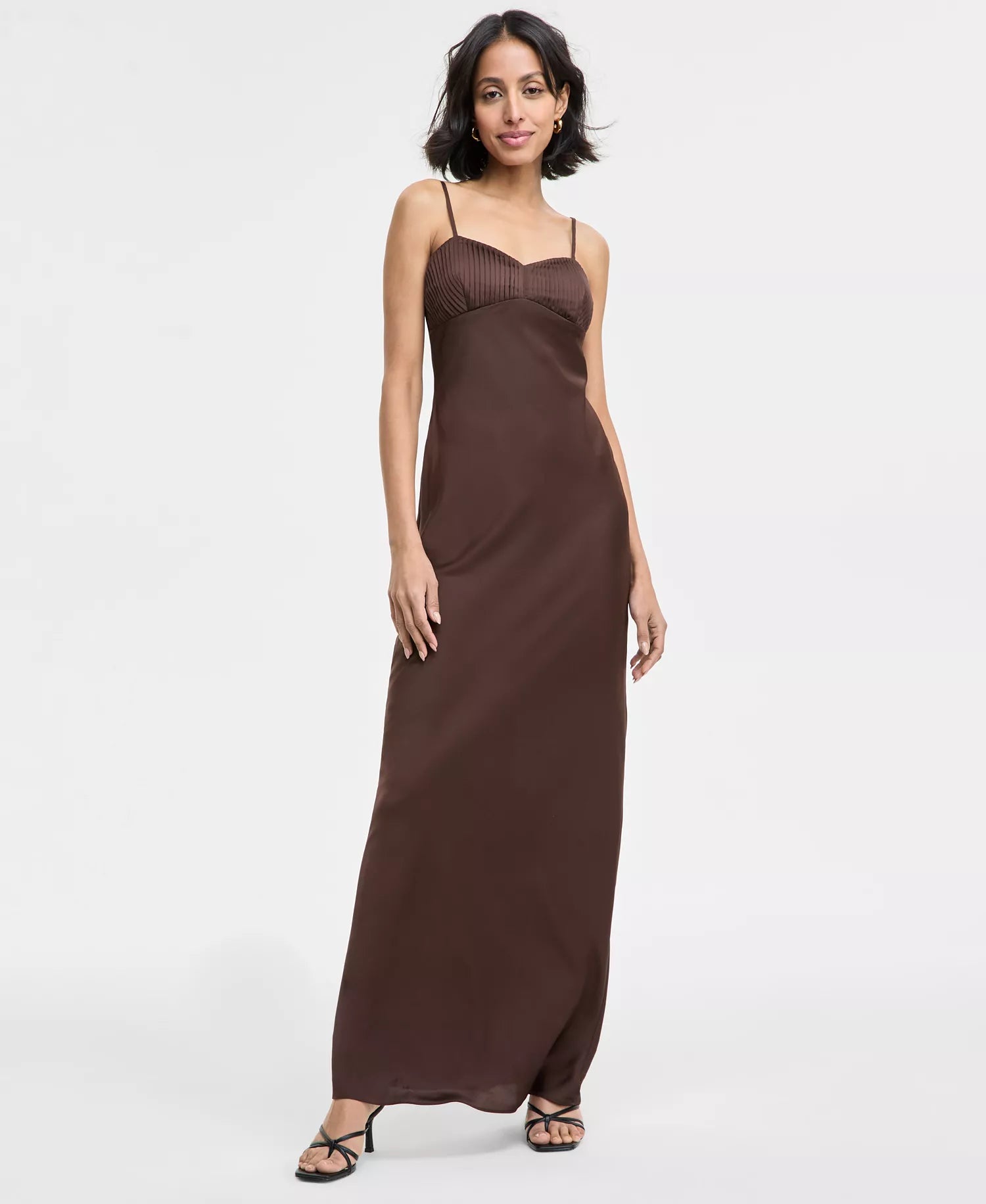 Seni & Cade Women's Brown Pintuck Satin Sleeveless Column Gown Dress|Seni & Cade In Lebanon