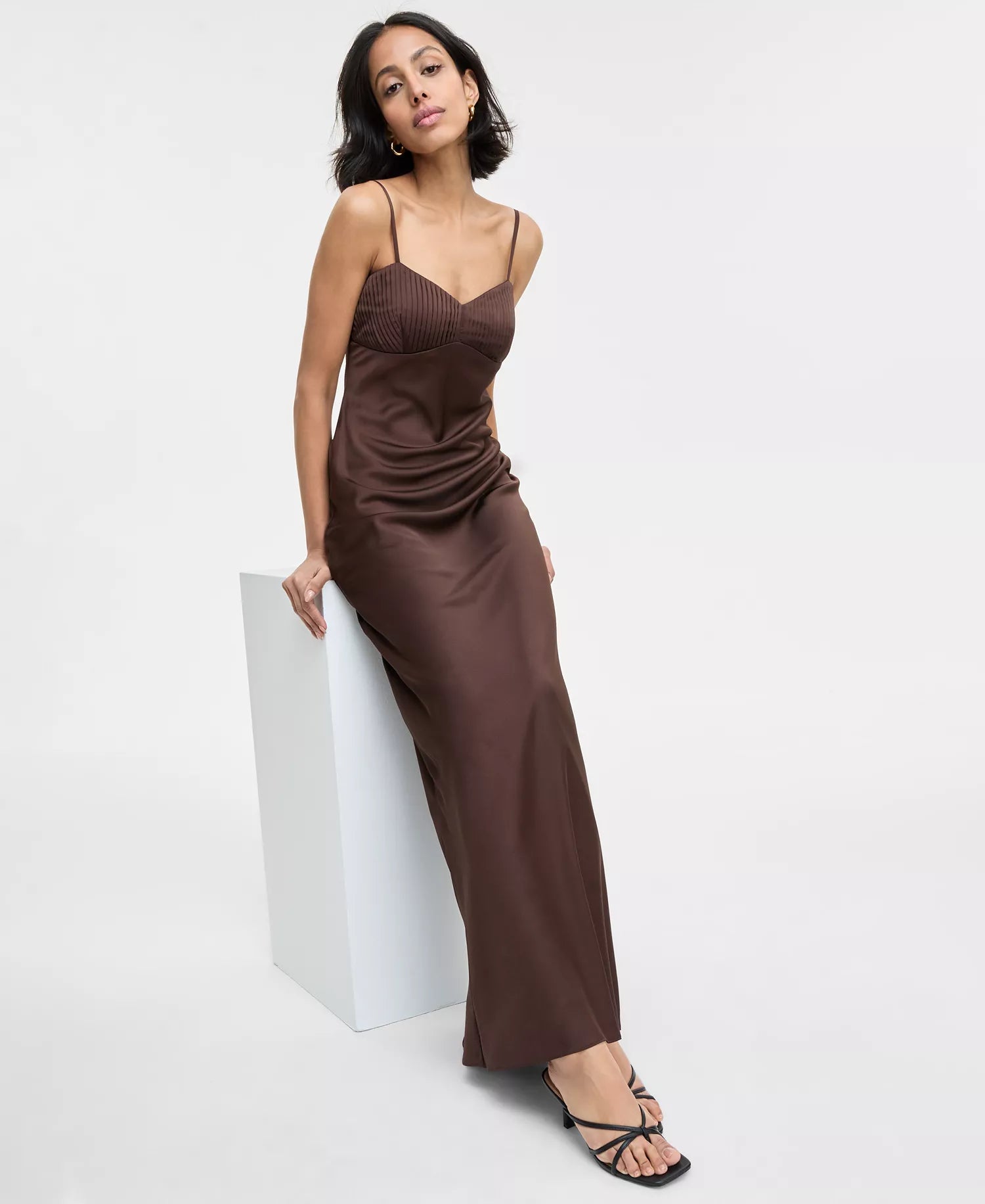 Seni & Cade Women's Brown Pintuck Satin Sleeveless Column Gown Dress|Seni & Cade In Lebanon