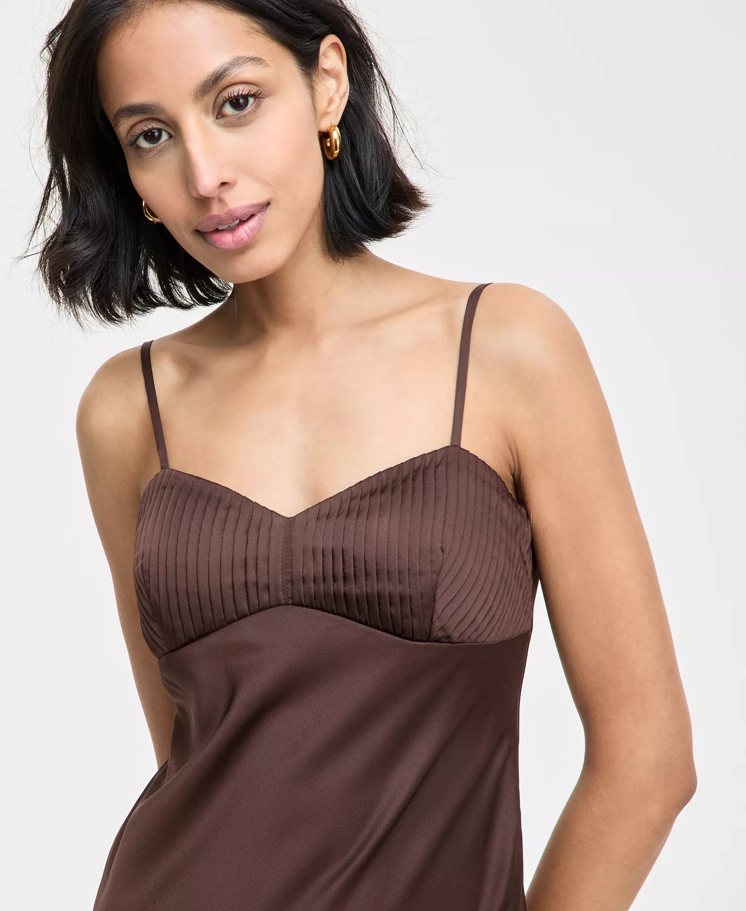 Seni & Cade Women's Brown Pintuck Satin Sleeveless Column Gown Dress|Seni & Cade In Lebanon