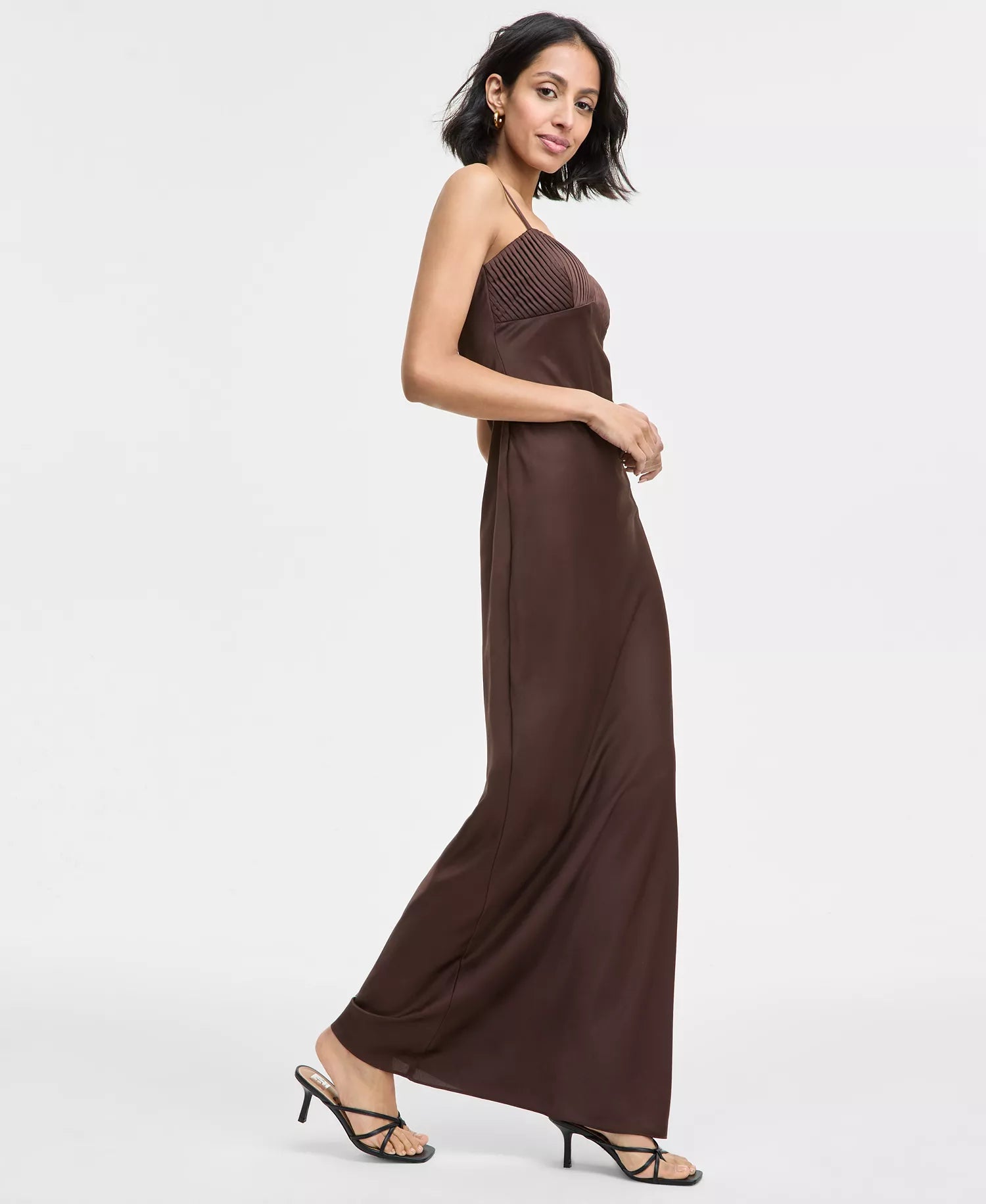 Seni & Cade Women's Brown Pintuck Satin Sleeveless Column Gown Dress|Seni & Cade In Lebanon