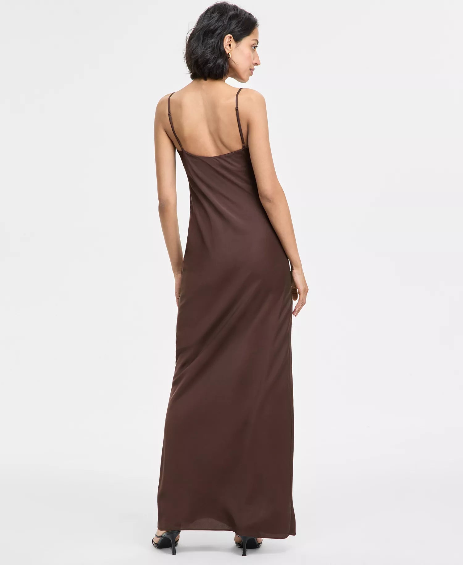 Seni & Cade Women's Brown Pintuck Satin Sleeveless Column Gown Dress|Seni & Cade In Lebanon
