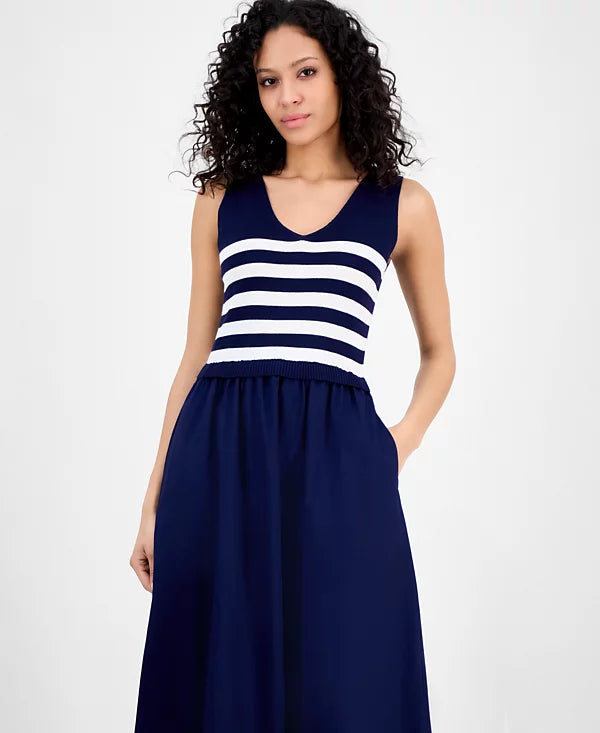 Taylor Women's Navy V-Neck Sleeveless Mixed-Media Dress | Taylor In Lebanon