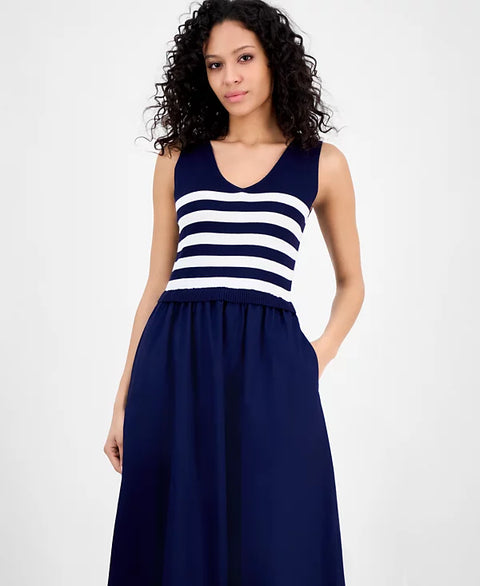 Taylor Women's Navy V-Neck Sleeveless Mixed-Media Dress | Taylor In Lebanon