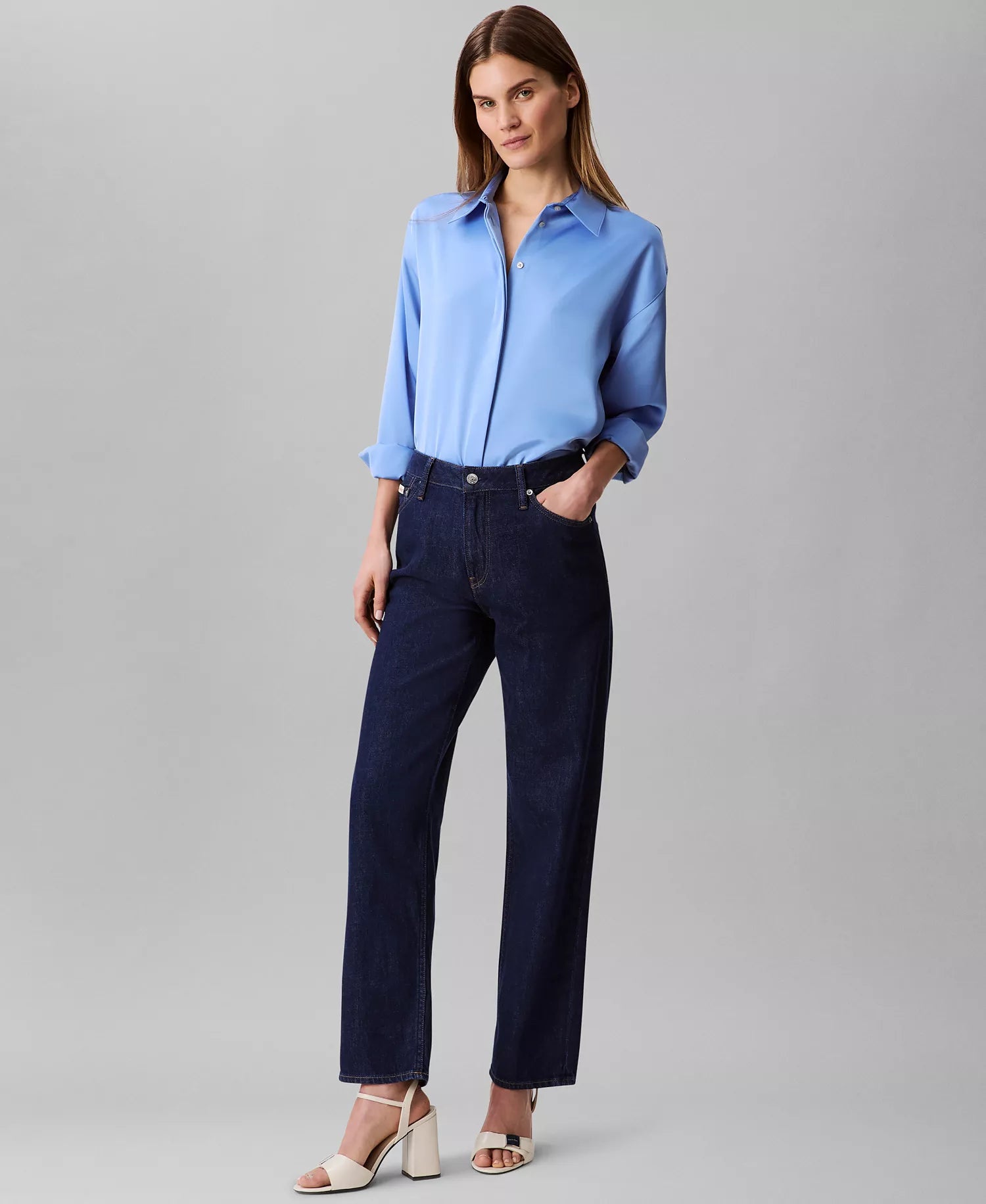 Calvin Klein Women's Blue Matte-Satin Button-Down Shirt |  Calvin Klein in Lebanon