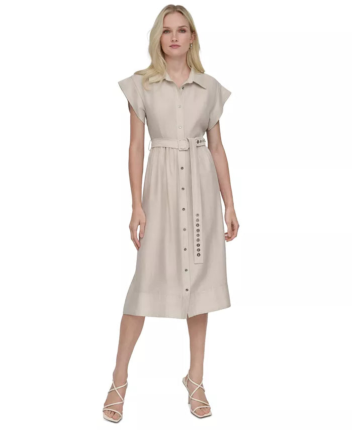 DKNY Women's Beige Spread-Collar Button-Front Tie-Waist Dress | DKNY In Lebanon