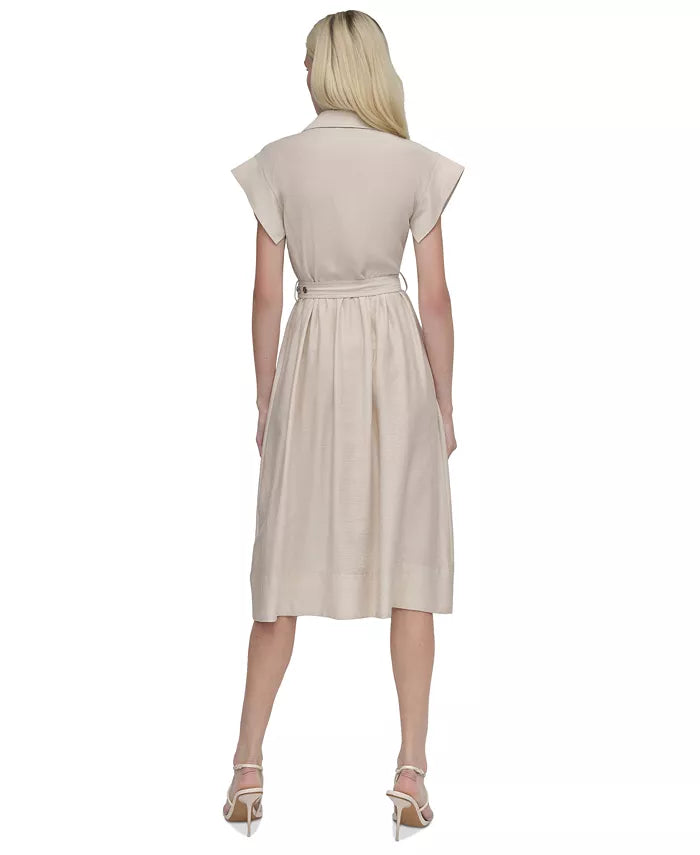 DKNY Women's Beige Spread-Collar Button-Front Tie-Waist Dress | DKNY In Lebanon