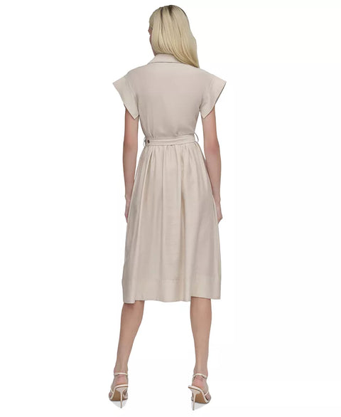 DKNY Women's Beige Spread-Collar Button-Front Tie-Waist Dress | DKNY In Lebanon