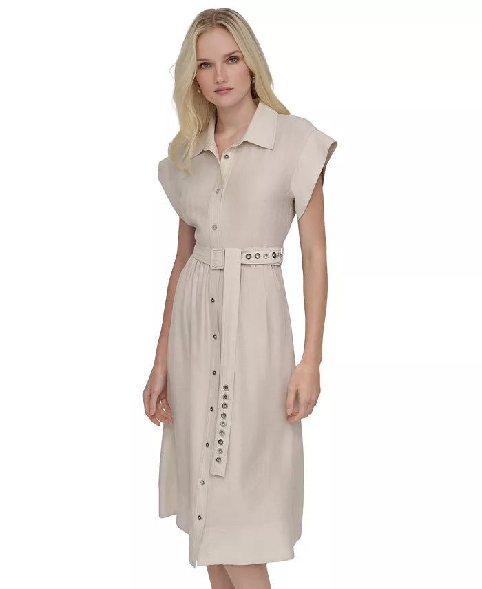 DKNY Women's Beige Spread-Collar Button-Front Tie-Waist Dress | DKNY In Lebanon